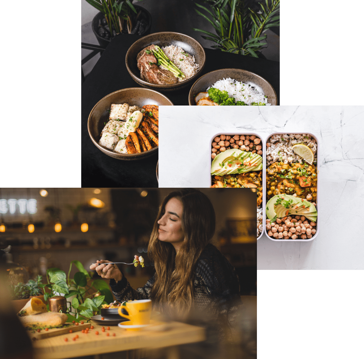 Woman enjoing food, meals in storage container, and food bows on a table